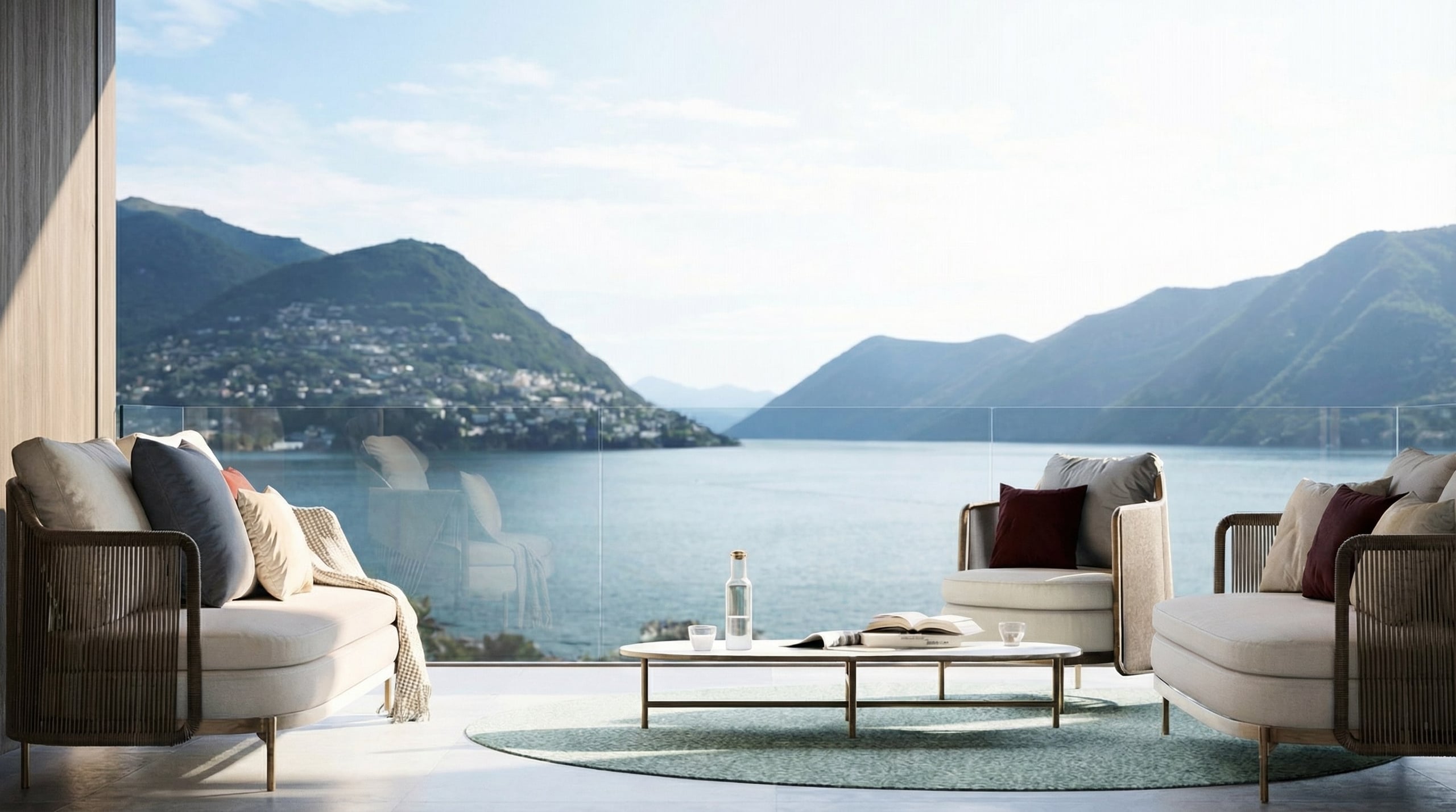 Terrazza affacciata sul lago di Lugano con salotto da esterno