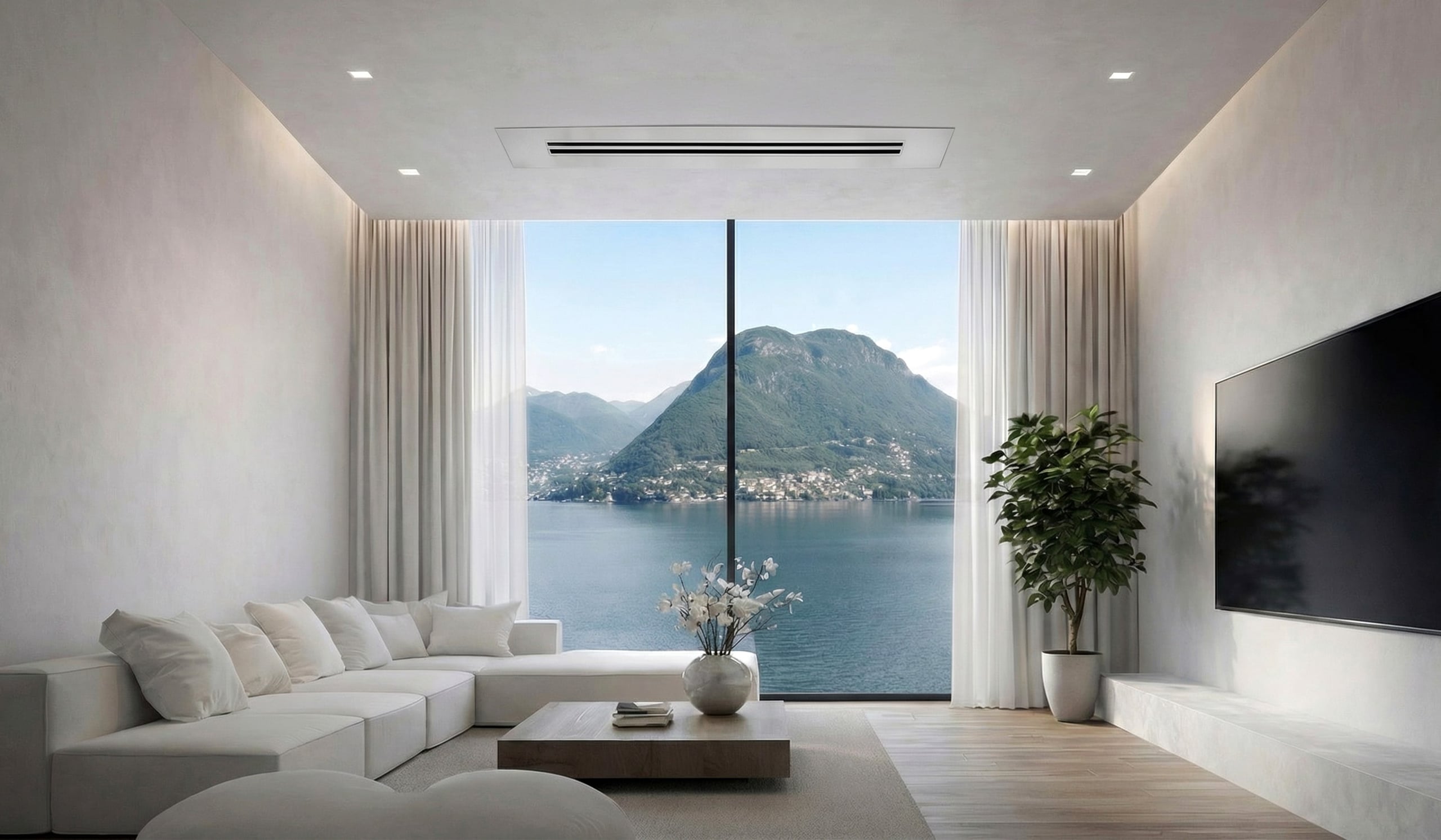 Soggiorno luminoso con climatizzatore a soffitto e vista sul lago di Lugano